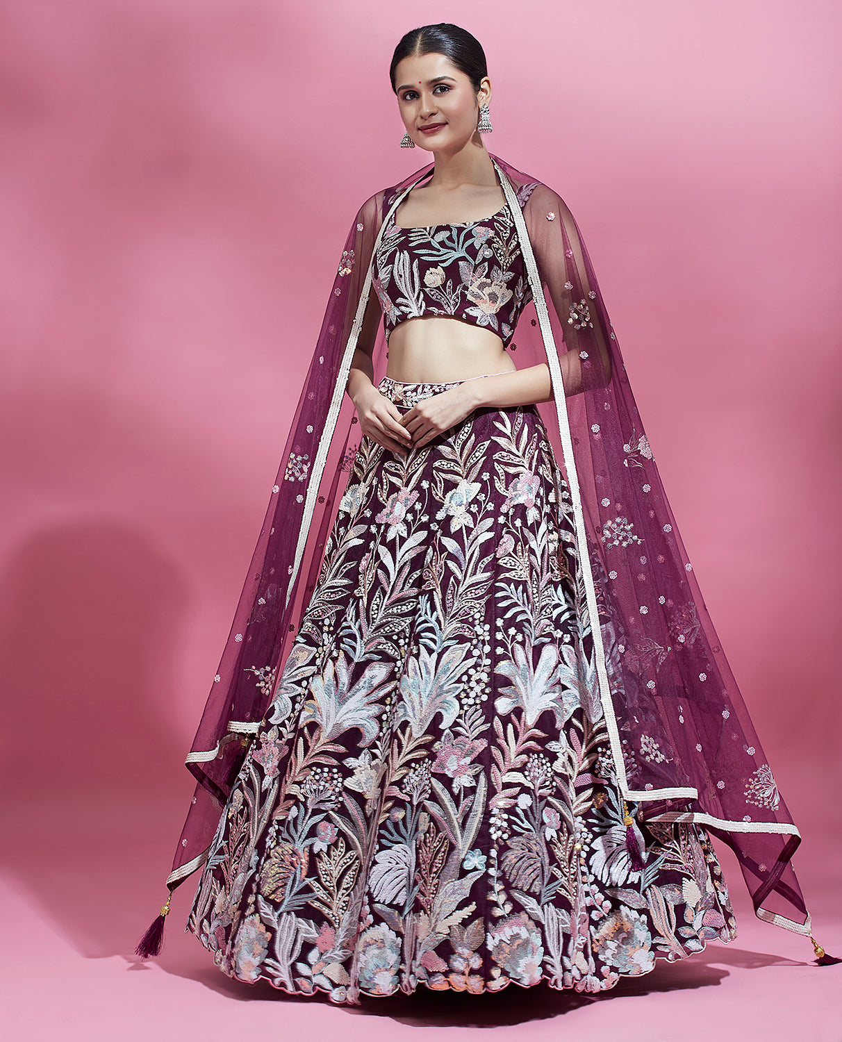 Burgundy Net Sequinse Work Semi-Stitched Lehenga & Unstitched Blouse with Dupatta