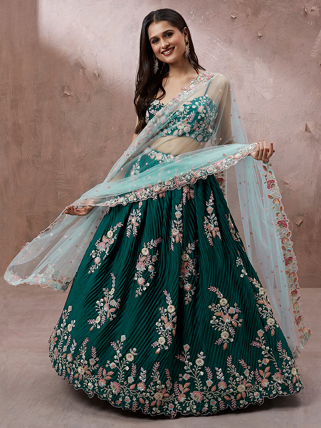 Teal - Pure Georgette Thread & Sequins Work Semi-Stitched Lehenga