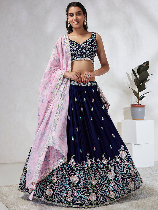 Navy Blue Georgette Sequins, Mirror and thread embroidery Semi-Stitched Lehenga choli & Dupatta