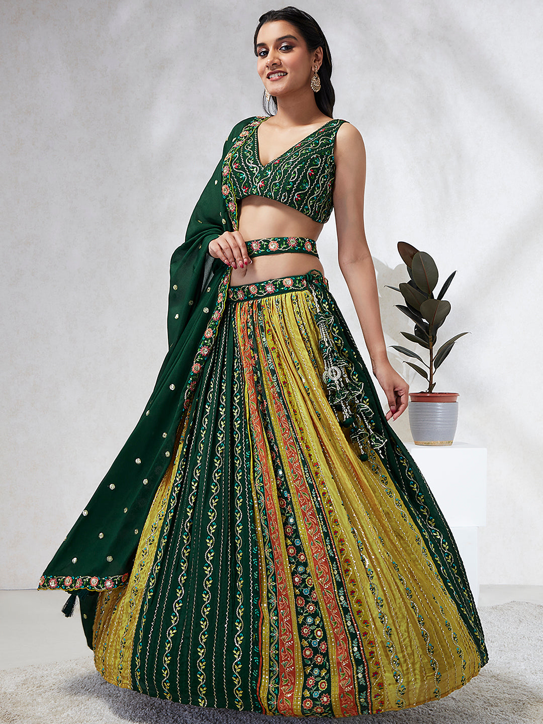 Green Chiffon Position print with Sequins embroidery Semi-Stitched Lehenga choli & Dupatta