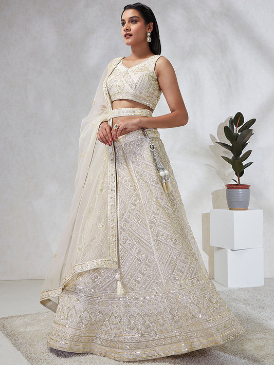 Cream Net Cutdana, Sequins and Zarkan embroidery Semi-Stitched Lehenga choli & Dupatta