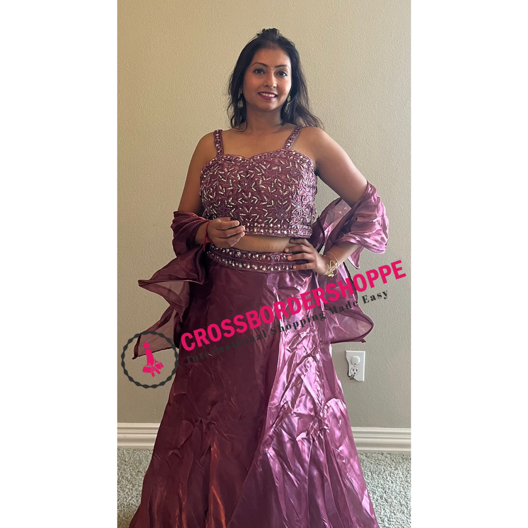 Beautiful Stylish Purple Lehenga with Readymade Strapped Crop Top and Ruffled Dupatta