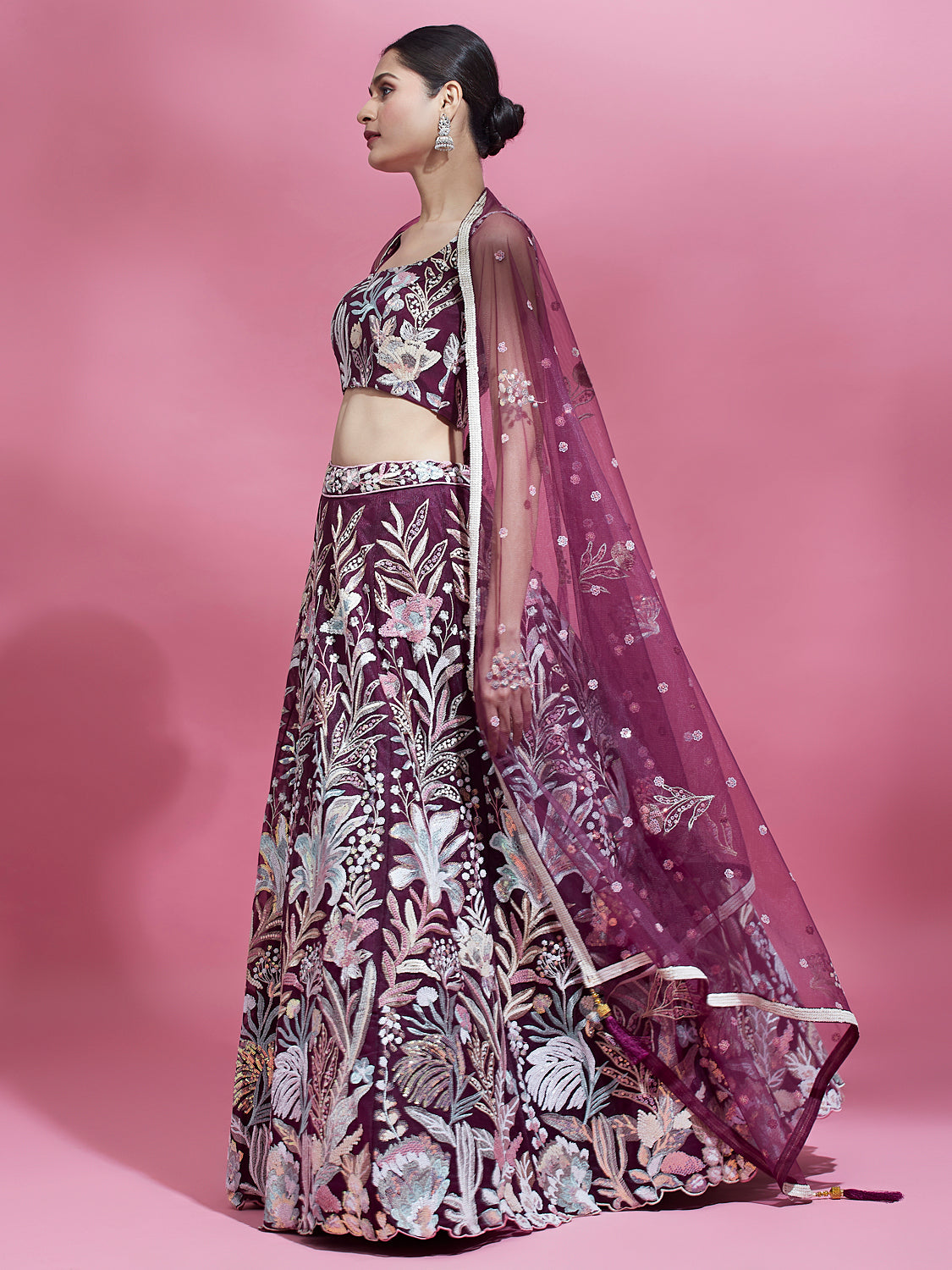 Burgundy Net Sequinse Work Semi-Stitched Lehenga & Unstitched Blouse with Dupatta