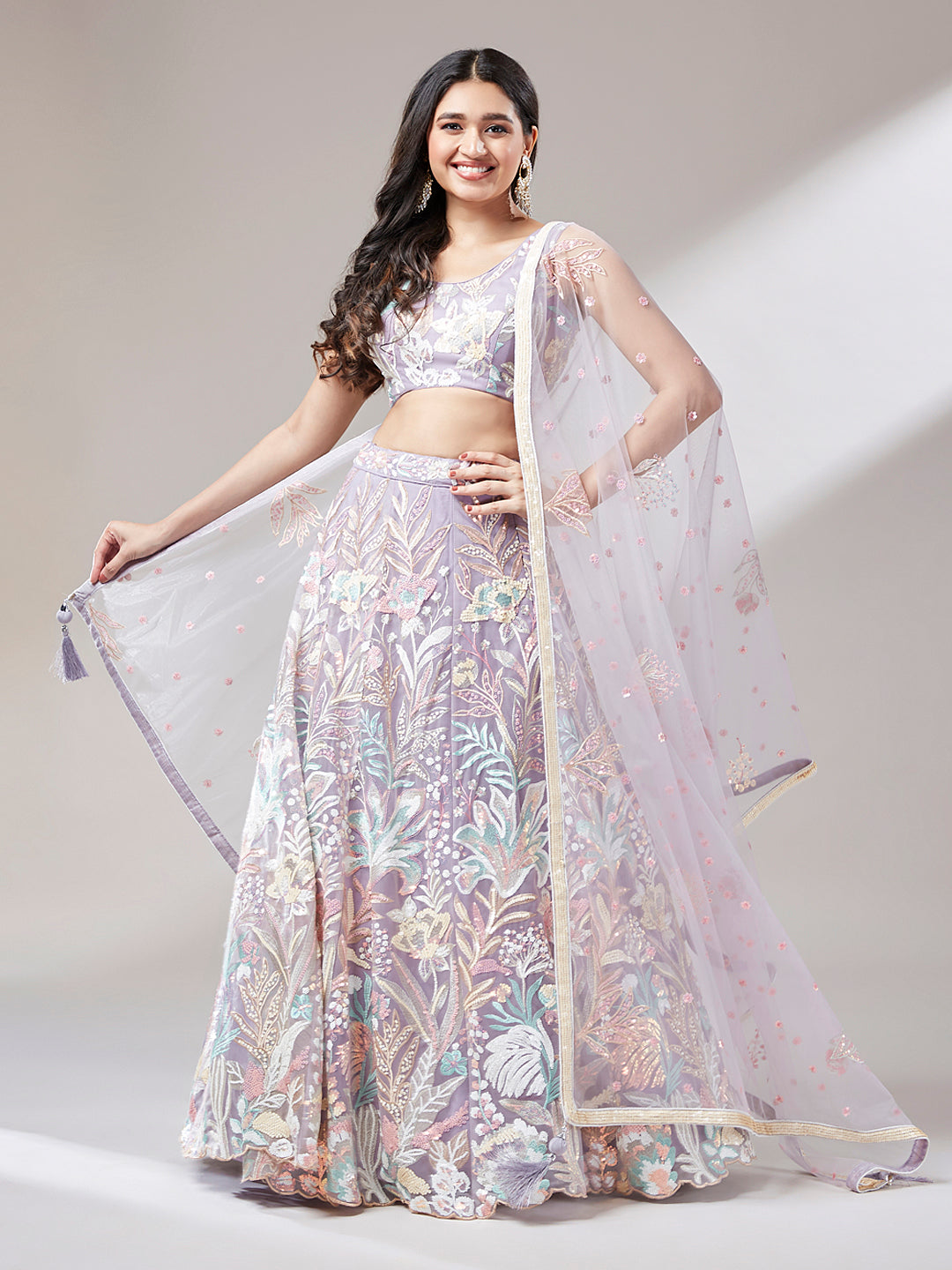 Muave Net Sequinse Work Semi-Stitched Lehenga & Unstitched Blouse with Dupatta