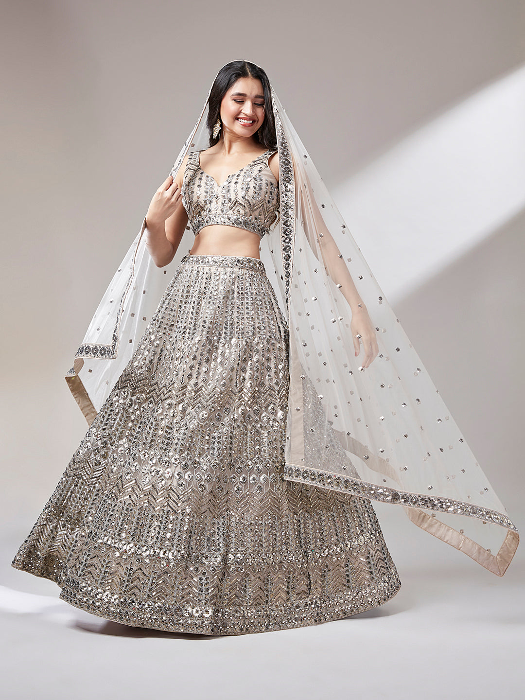 Beige - Net Mirror & Sequins Embroiderey  Lehenga choli