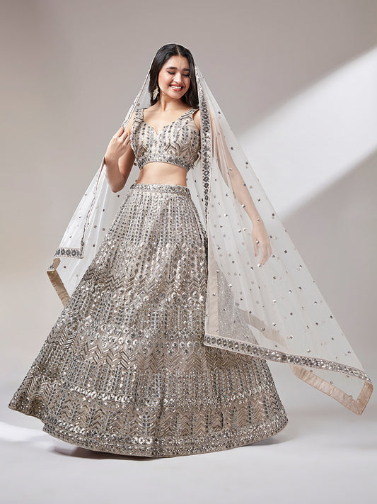 Beige - Net Mirror & Sequins Embroiderey  Lehenga choli