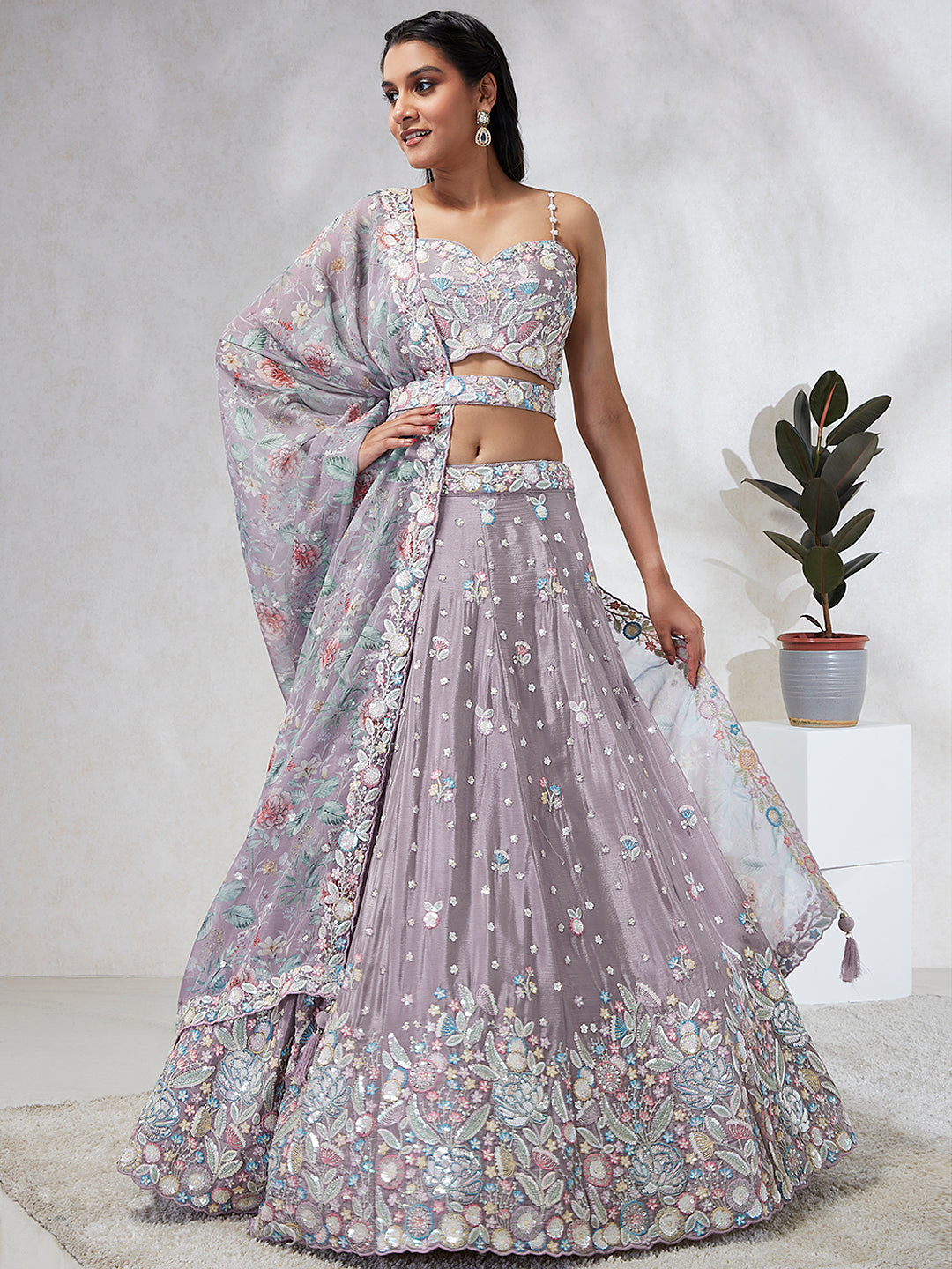 Mauve Chiffon Sequins and thread embroidery Semi-Stitched Lehenga choli & Dupatta