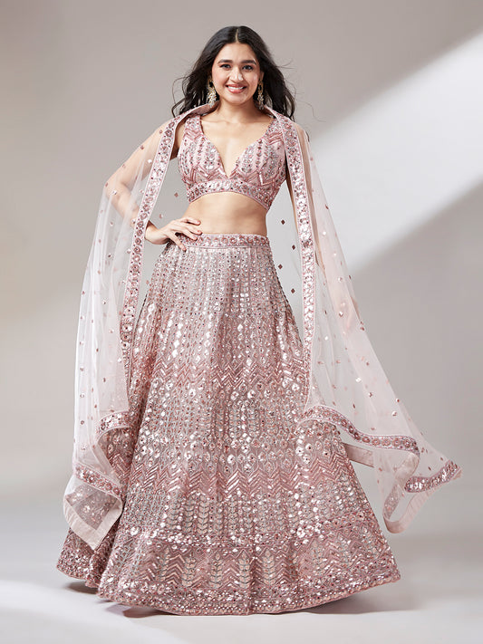 Rose Gold Net Mirror & Sequinse embroidery Semi-Stitched Lehenga choli & Dupatta