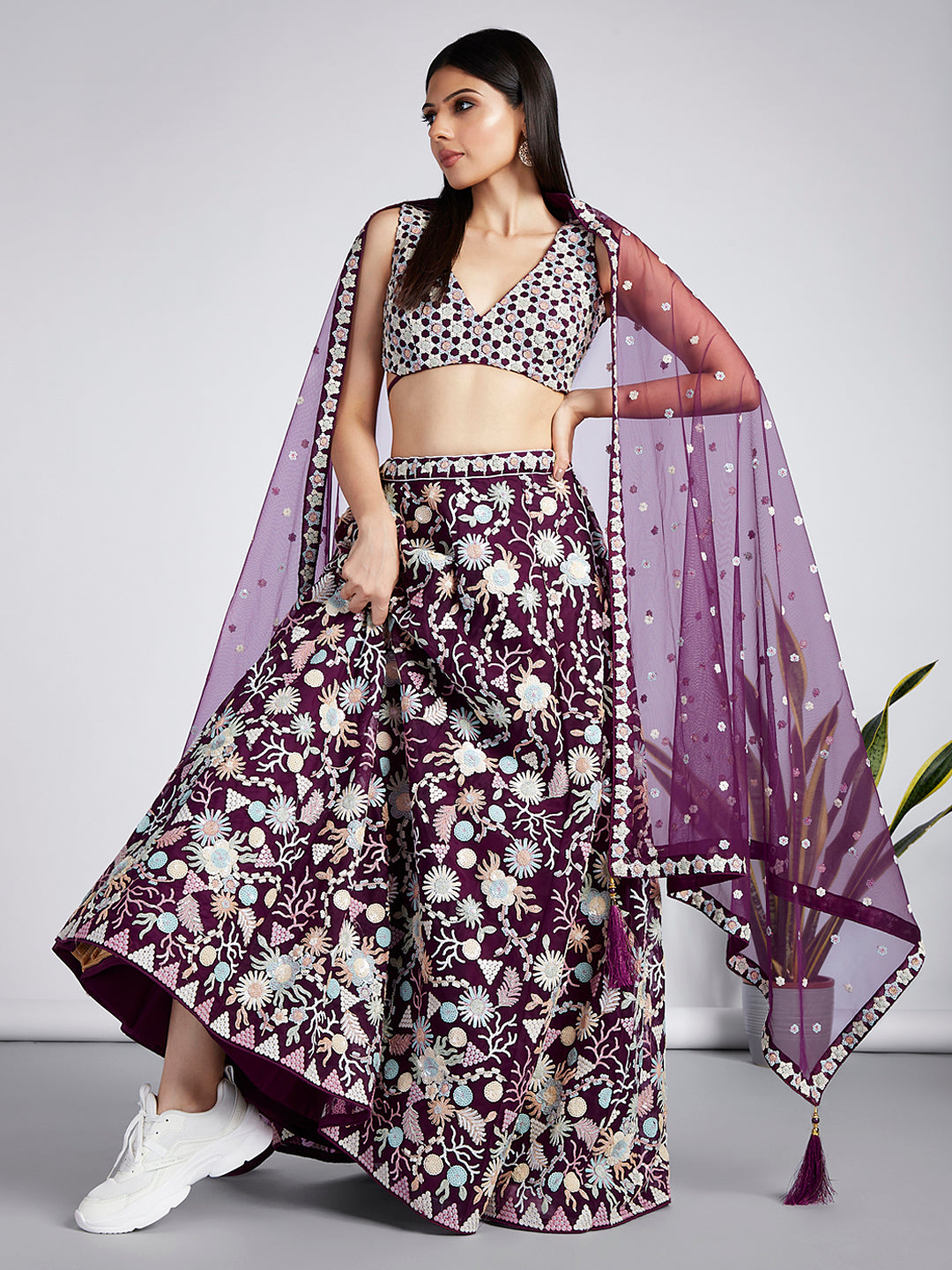 Burgundy Net heavy Sequinse embroidery SemiStitched Lehenga choli & Dupatta