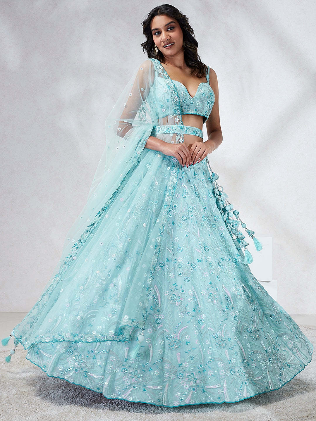 Turquoise Blue Georgette Sequins and thread embroidery Semi-Stitched Lehenga choli & Dupatta