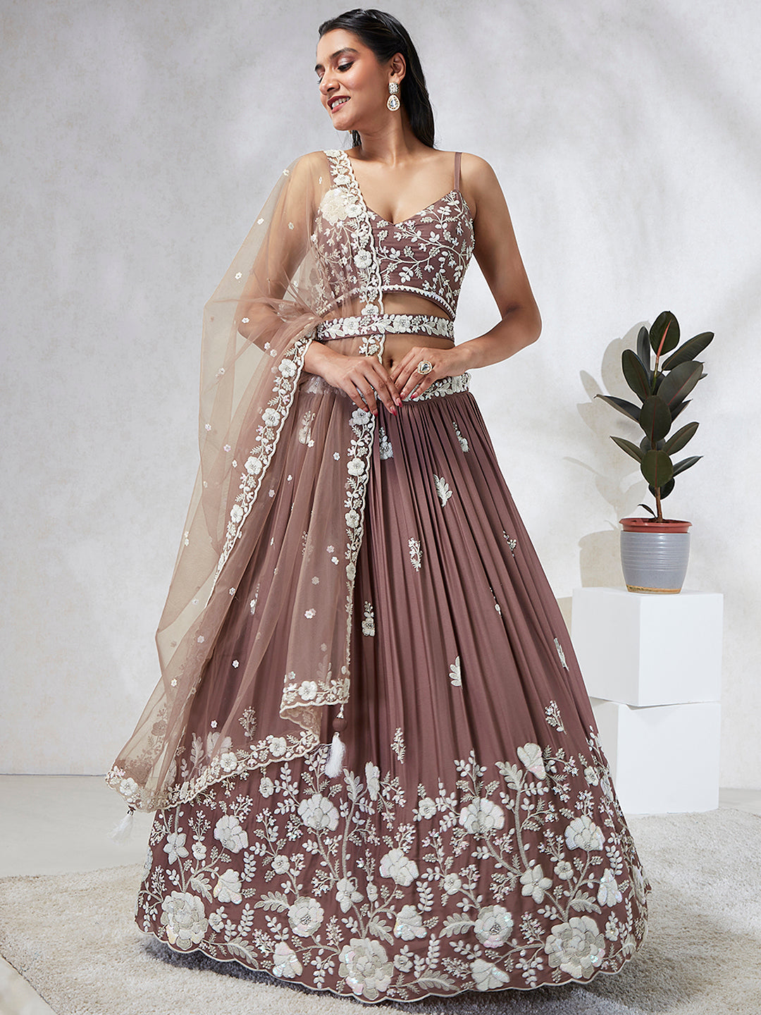 Rose gold Pure Georgette Sequins and thread embroidery Semi-Stitched Lehenga choli & Dupatta