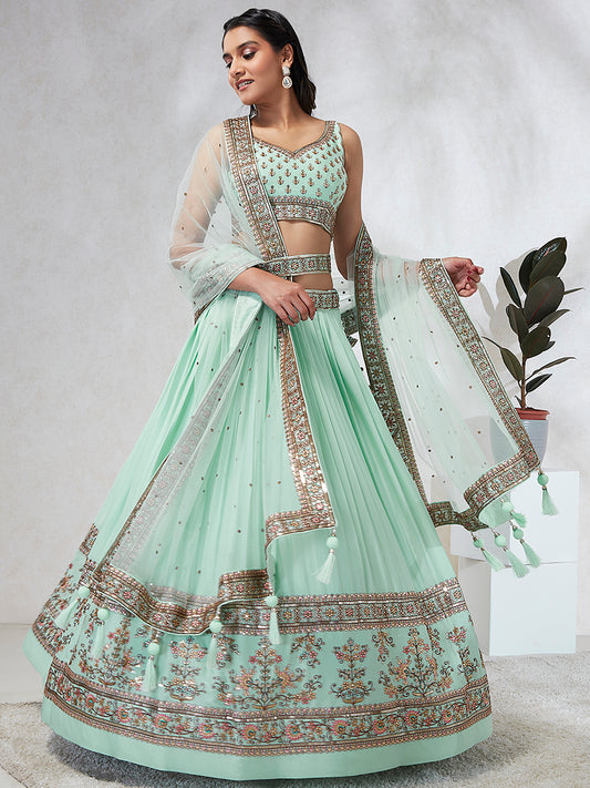 Sea Green Georgette Sequins and thread embroidery Semi-Stitched Lehenga choli & Dupatta