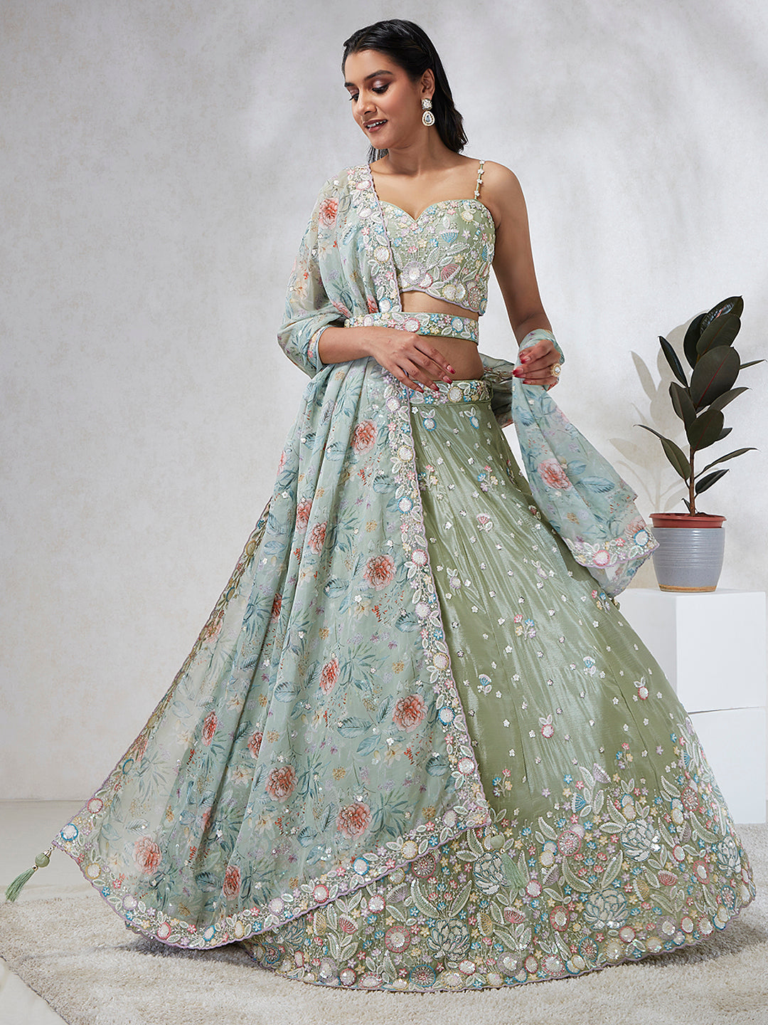 Lime green Chiffon Sequins and thread embroidery Semi-Stitched Lehenga choli & Dupatta