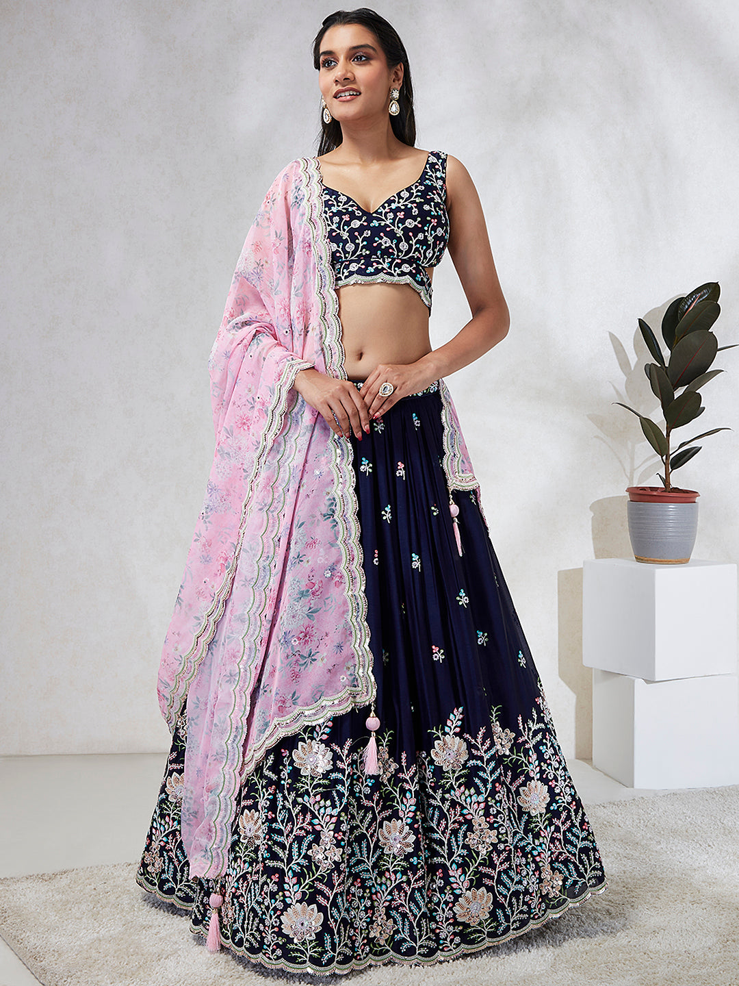 Navy Blue Georgette Sequins, Mirror and thread embroidery Semi-Stitched Lehenga choli & Dupatta