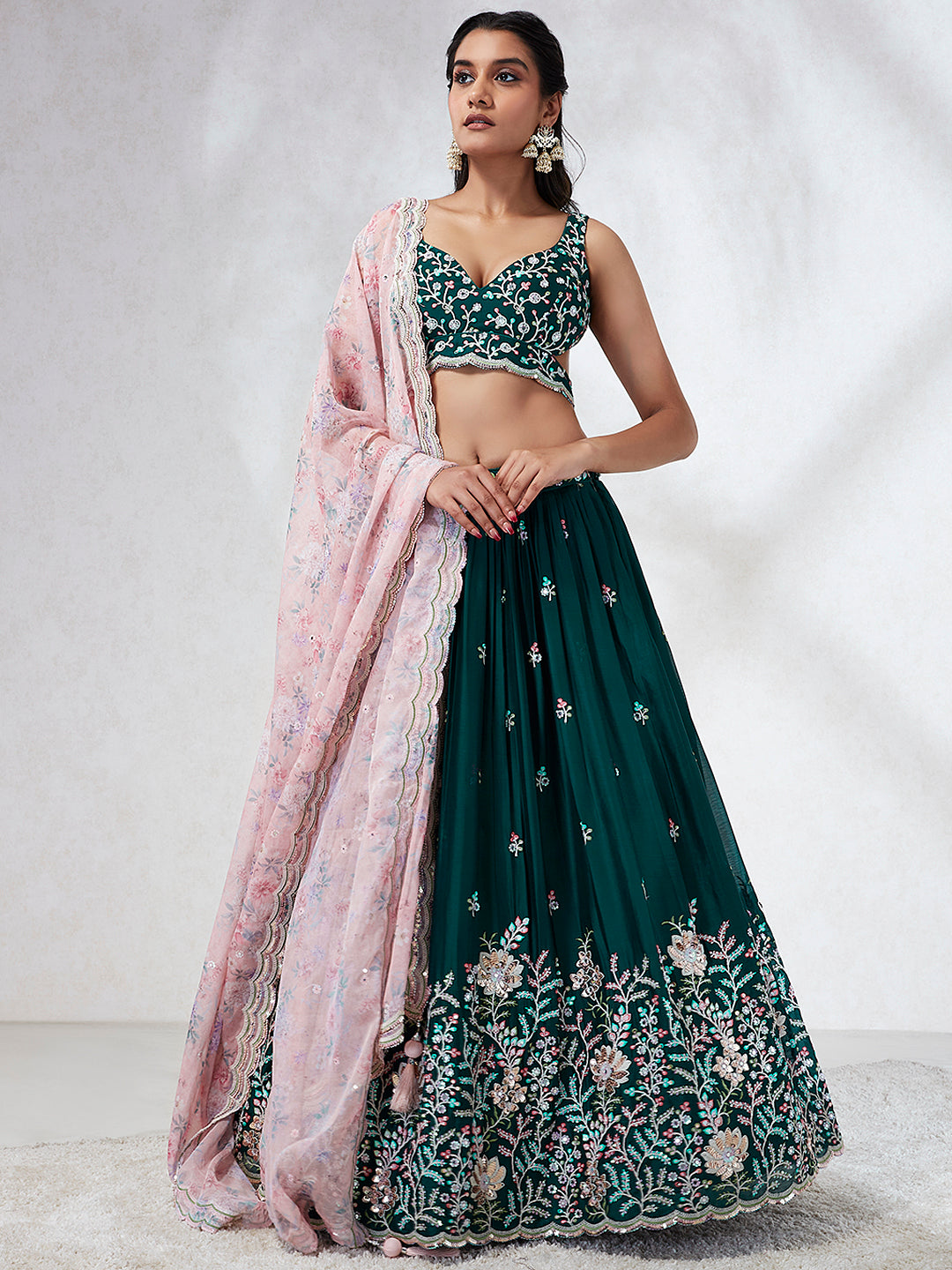 Teal - Georgette Sequins, Mirror and thread embroidery Semi-Stitched Lehenga choli