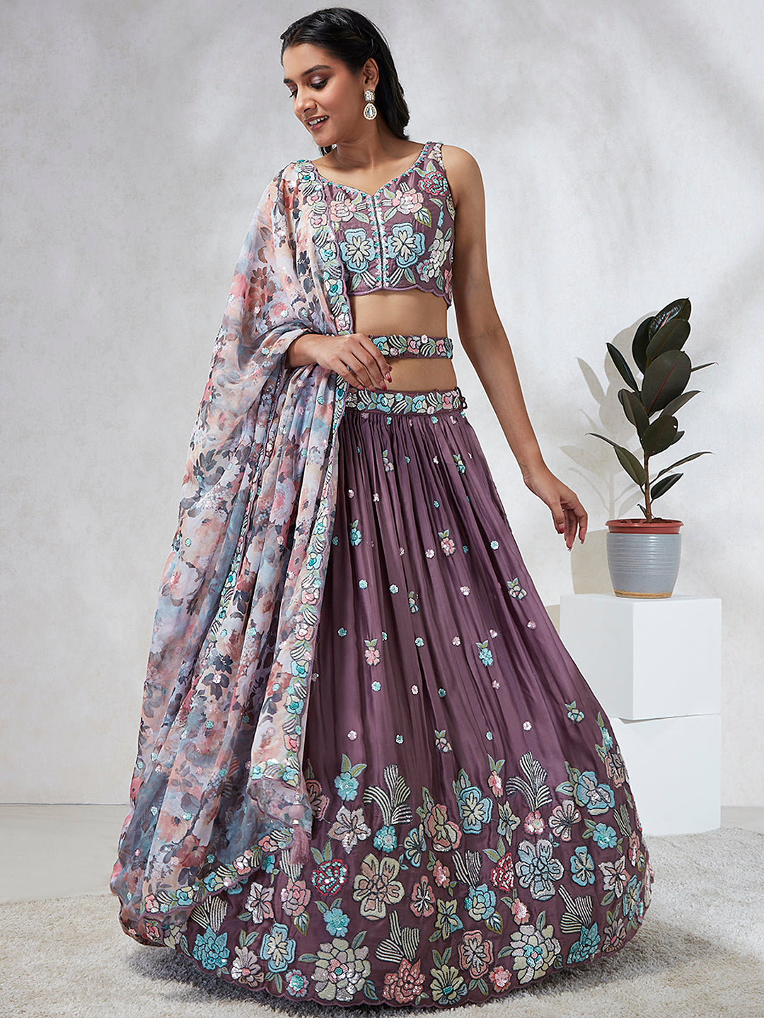 Lavender Georgette Sequins and thread embroidery Semi-Stitched Lehenga choli & Dupatta