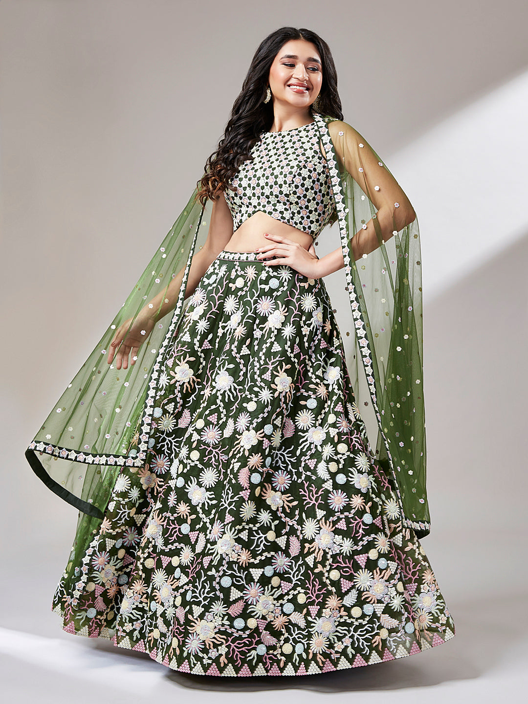 Olive Net heavy Sequinse embroidery Semi-Stitched Lehenga choli & Dupatta