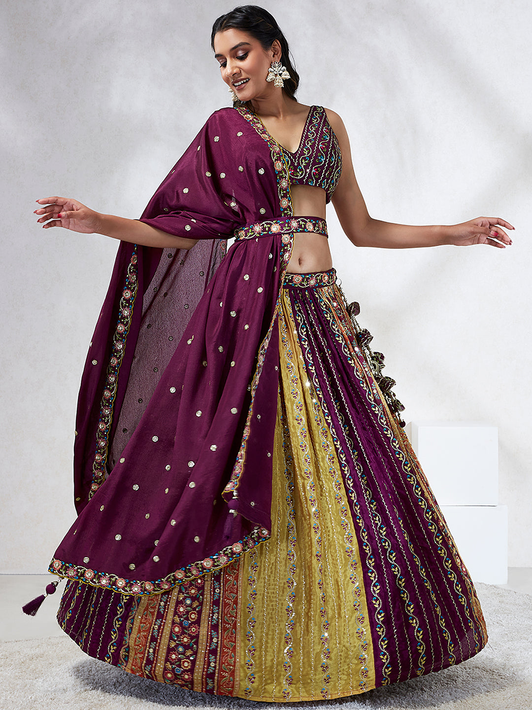 Burgundy Chiffon Position print with Sequins embroidery Semi-Stitched Lehenga choli & Dupatta