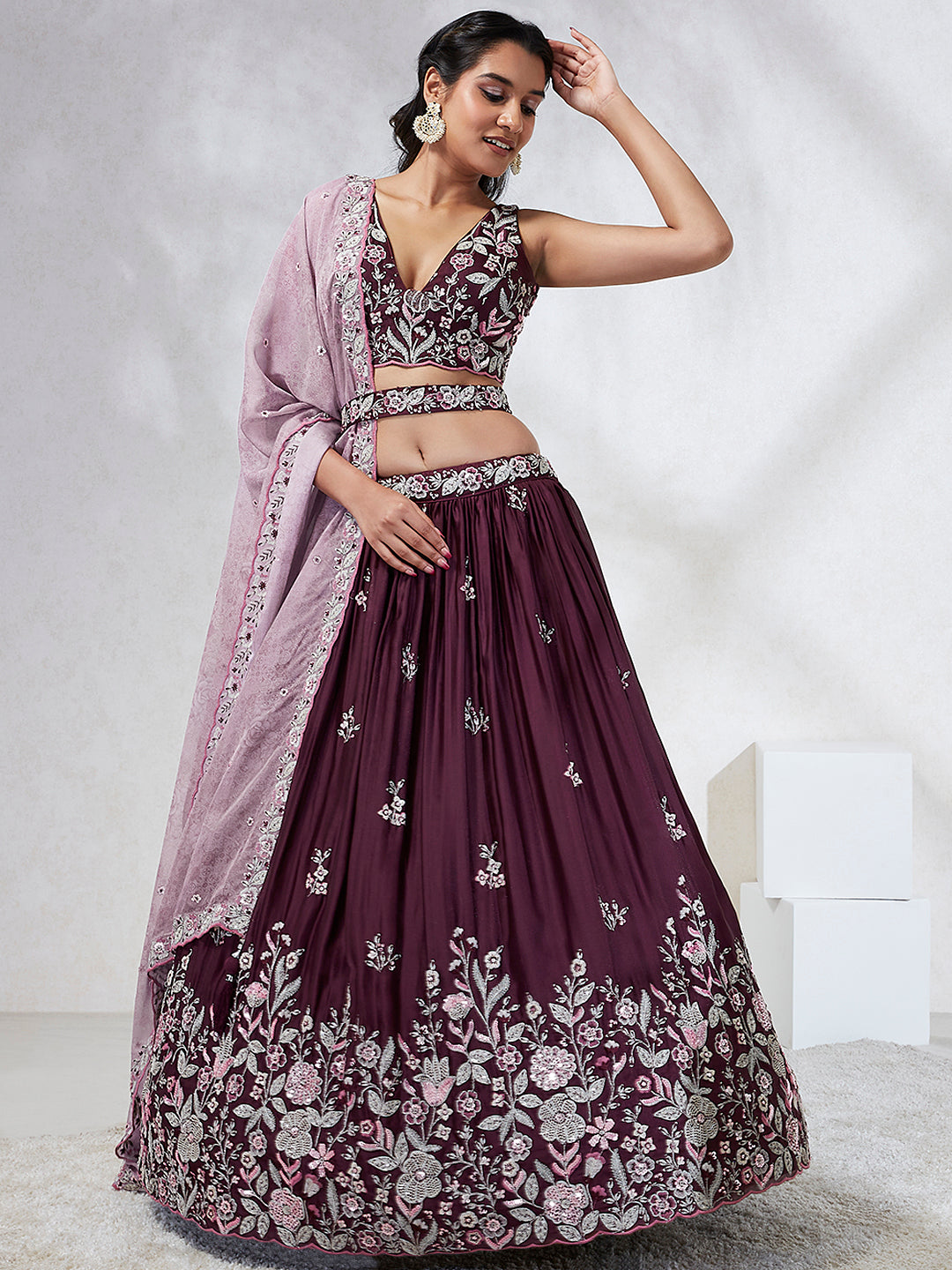 Burgundy Pure Georgette Sequins and thread embroidery Semi-Stitched Lehenga choli & Dupatta