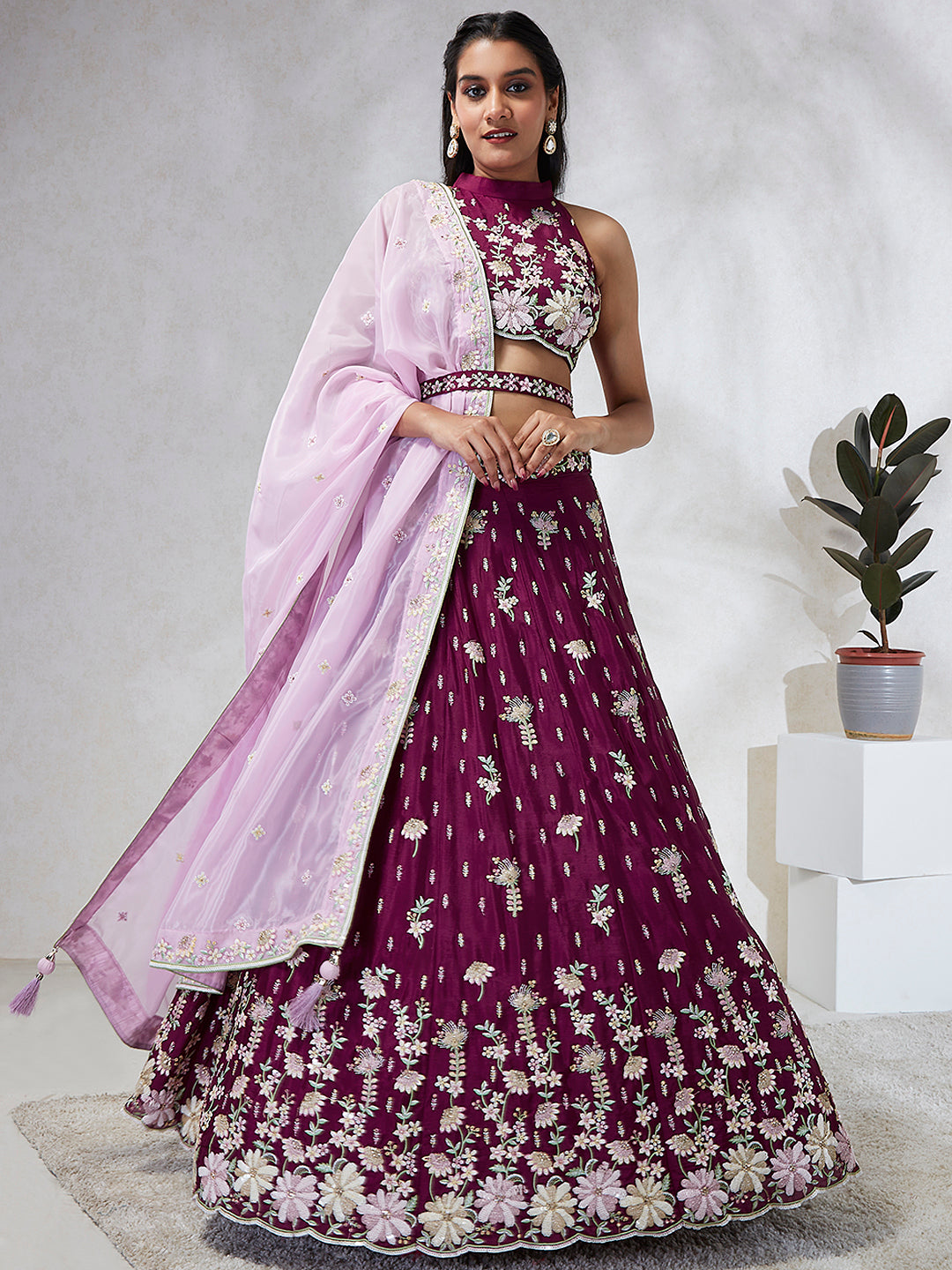 Burgundy Pure Georgette Sequins and thread embroidery Semi-Stitched Lehenga choli & Dupatta