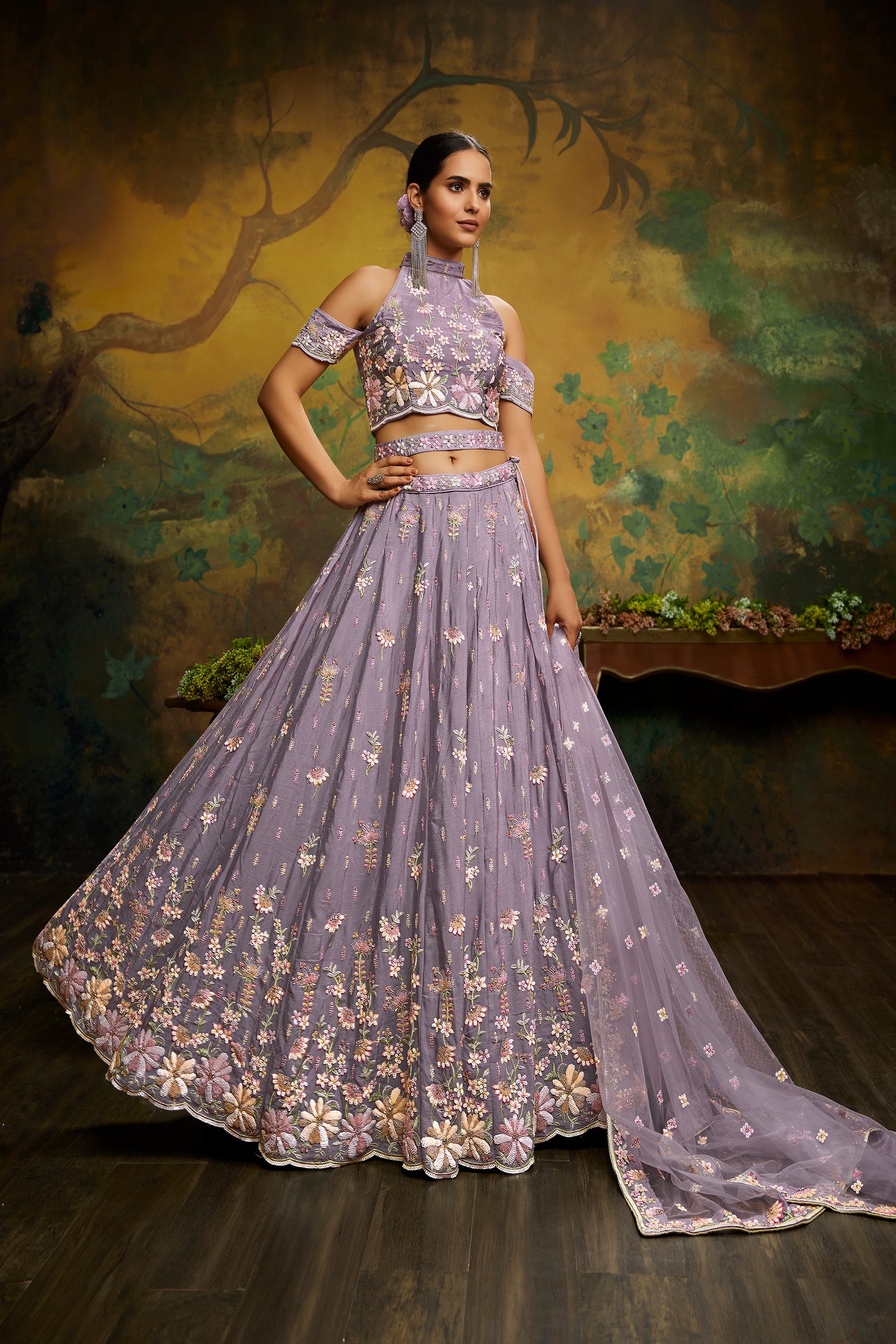 Mauve Pure Georgette Sequins with heavy Zarkan embroidery Semi-Stitched Lehenga choli & Dupatta