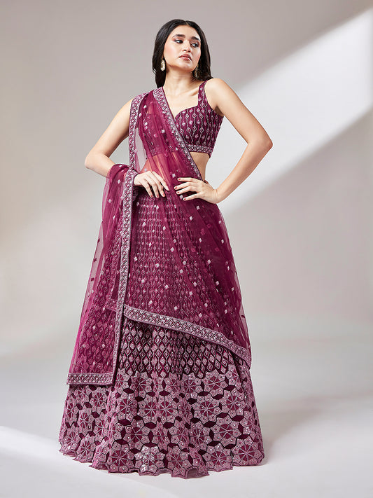 Burgundy Net heavy Sequinse embroidery Semi-Stitched Lehenga choli & Dupatta