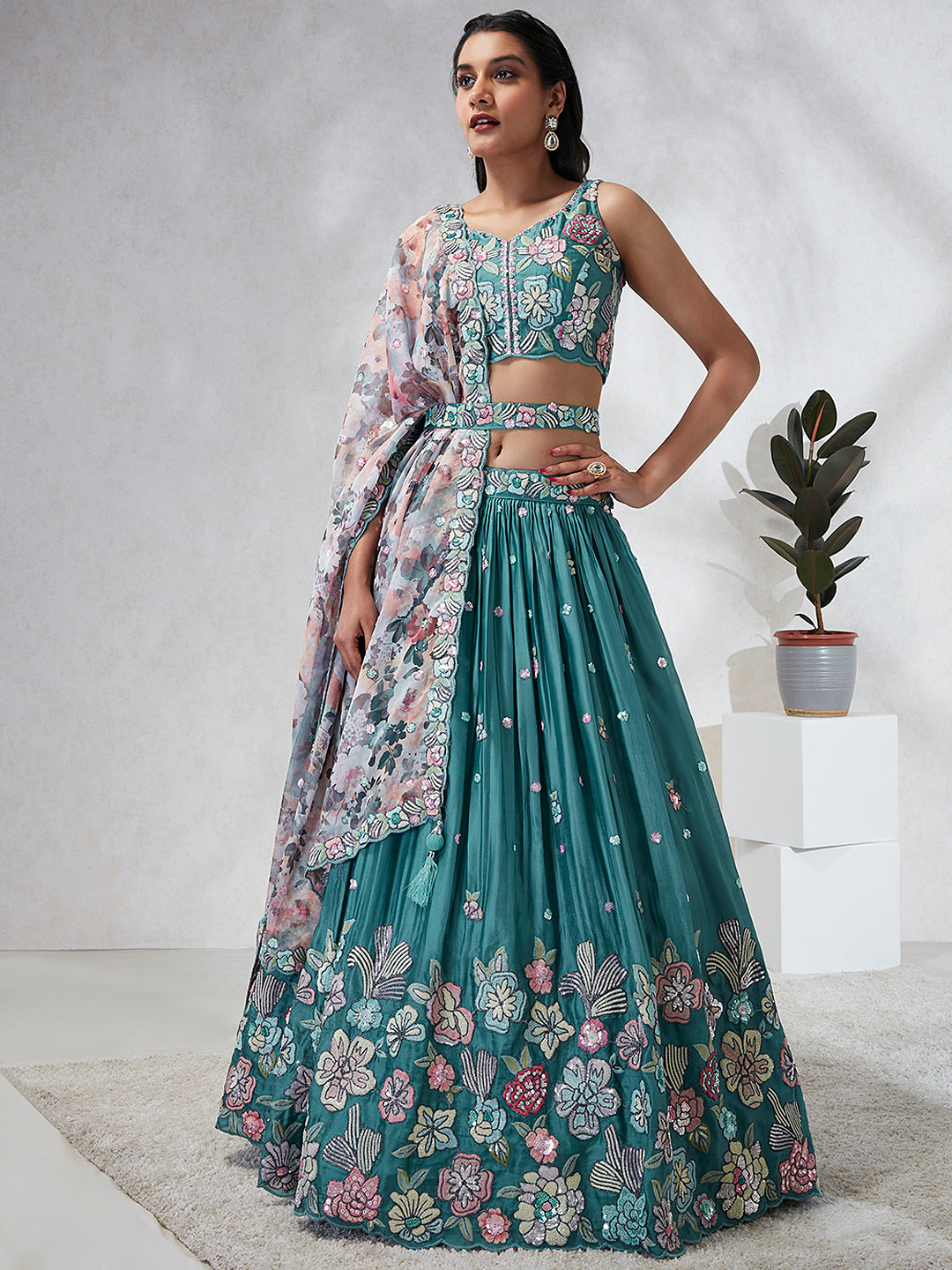 Turquoise blue Georgette Sequins and thread embroidery Semi-Stitched Lehenga choli & Dupatta