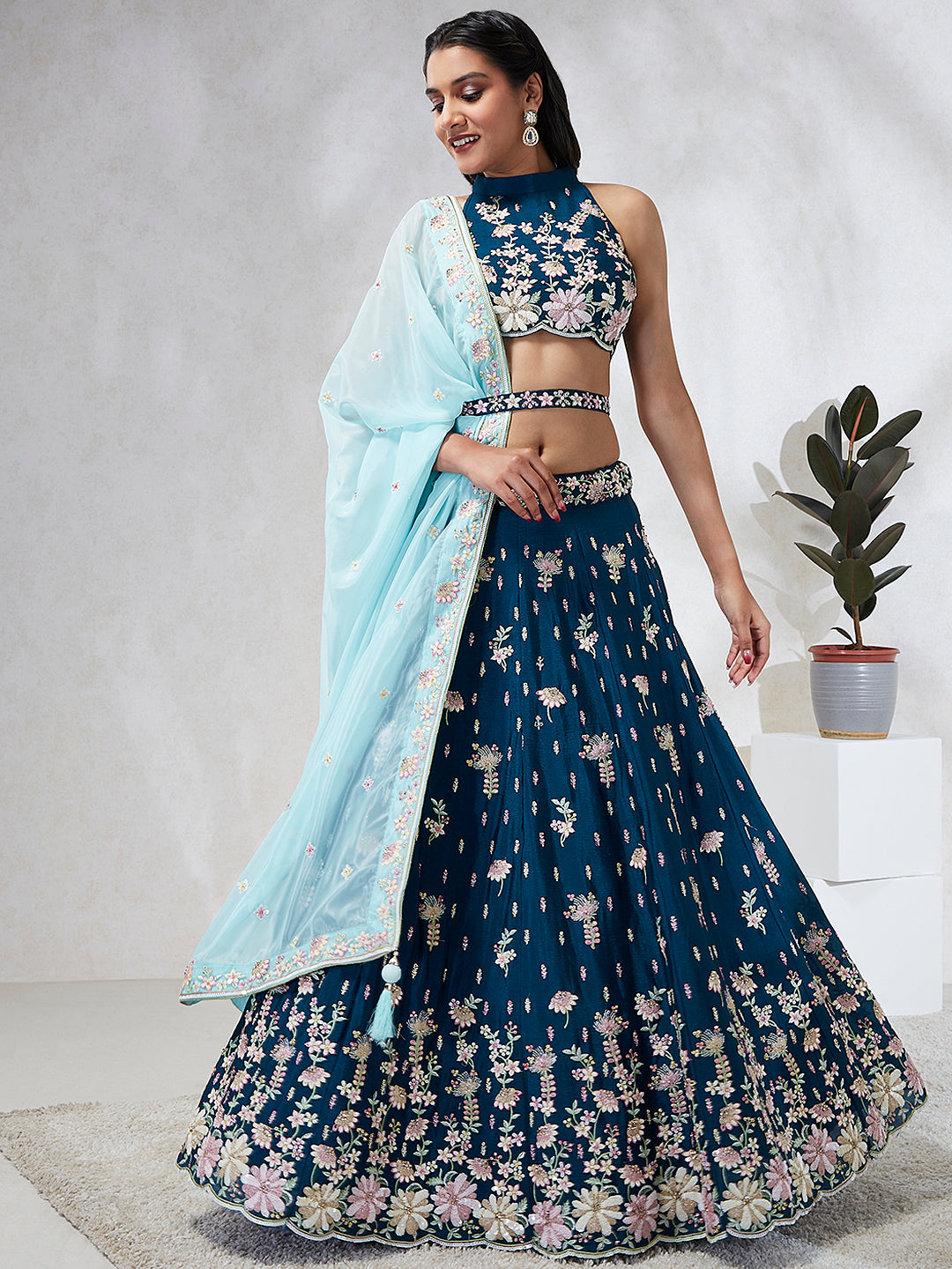 Teal Pure Georgette Sequins and thread embroidery Semi-Stitched Lehenga choli & Dupatta