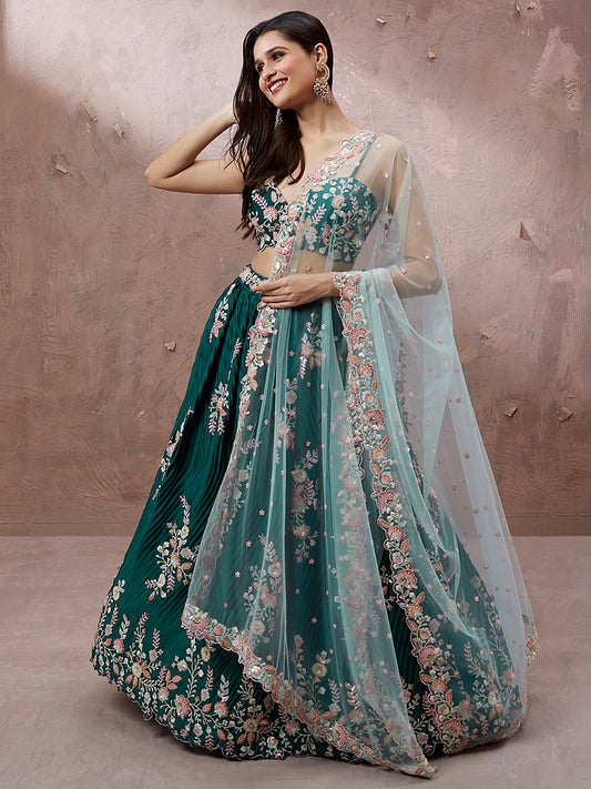 Teal - Pure Georgette Thread & Sequins Work Semi-Stitched Lehenga