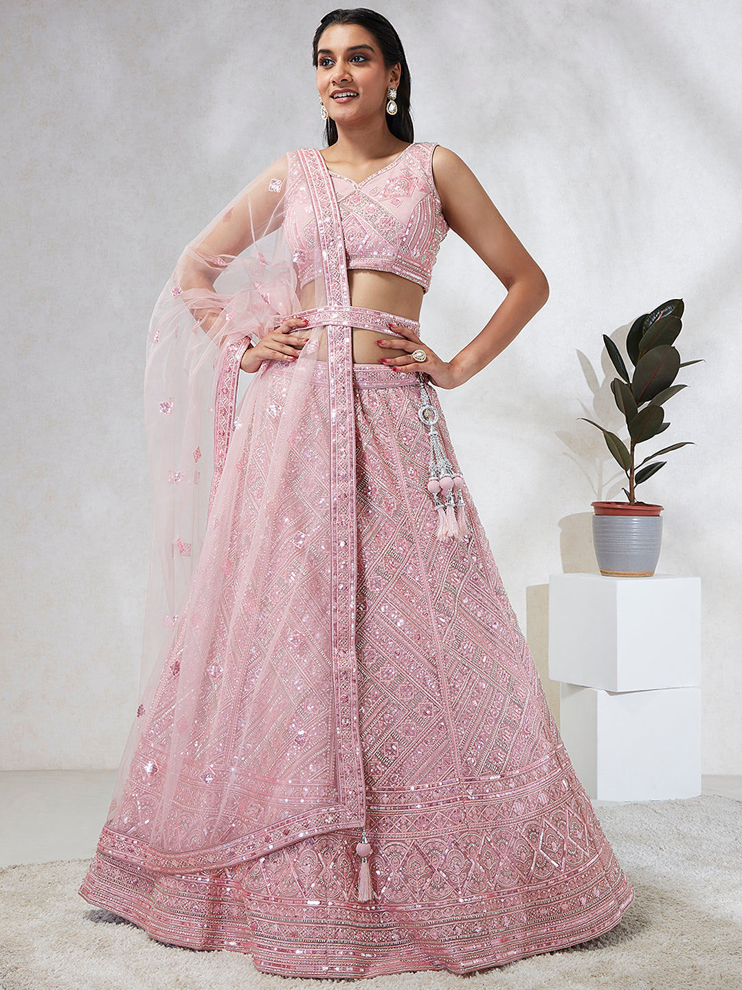 Pink Net Cutdana, Sequins and Zarkan embroidery Semi-Stitched Lehenga choli & Dupatta