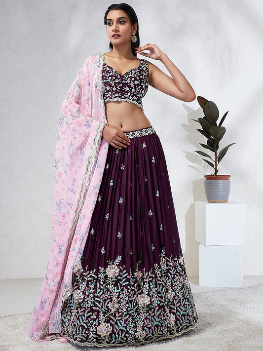 Burgundy Georgette Sequins, Mirror and thread embroidery Semi-Stitched Lehenga choli & Dupatta