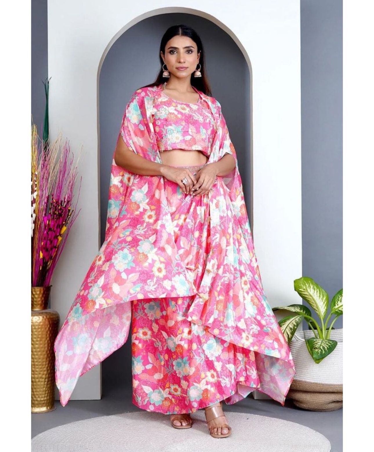 Peach Modal Satin - Cape & Dhoti Skirt Set