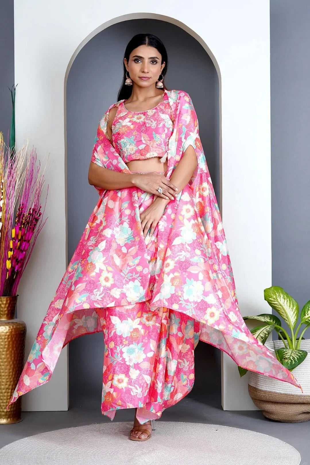 Peach Modal Satin - Cape & Dhoti Skirt Set