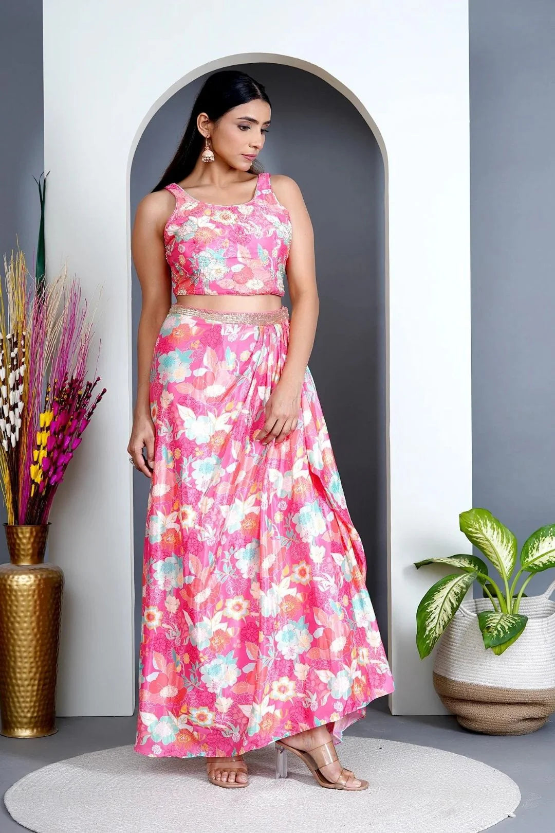 Peach Modal Satin - Cape & Dhoti Skirt Set