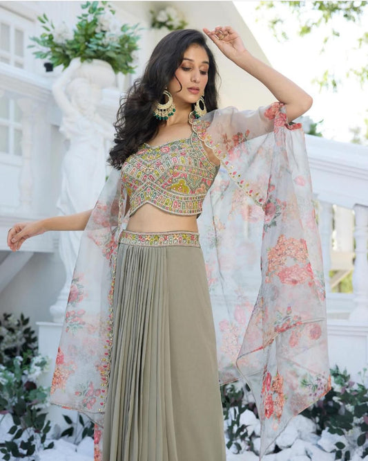 Green crop-top with Dhoti and Shrug