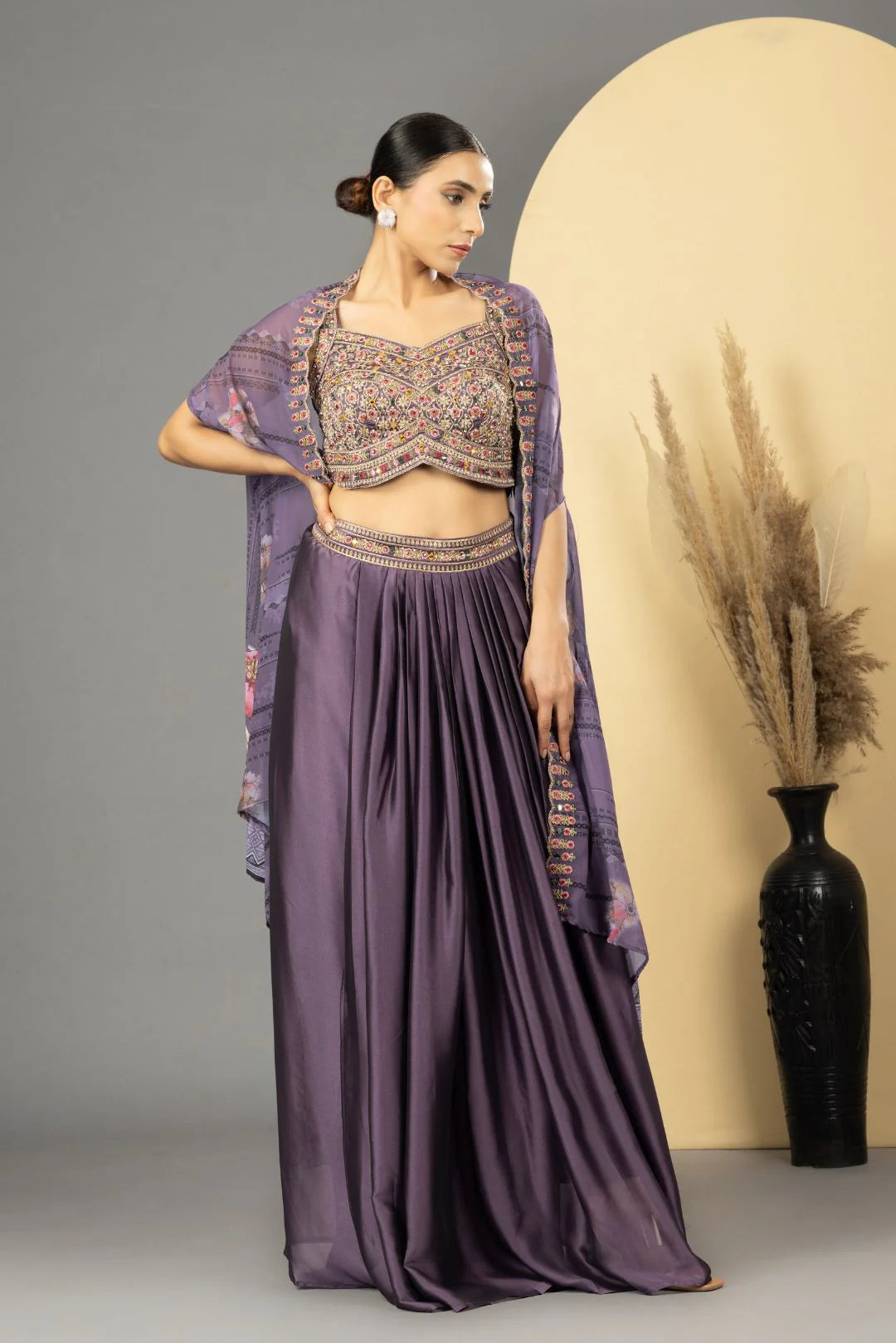 Purple Skirt Set With Cape