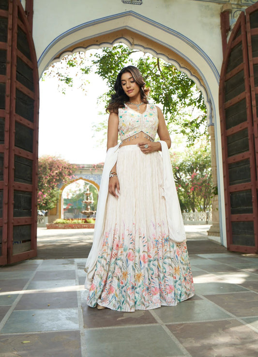 Whispering White Meadows Crop Top Lehenga Set