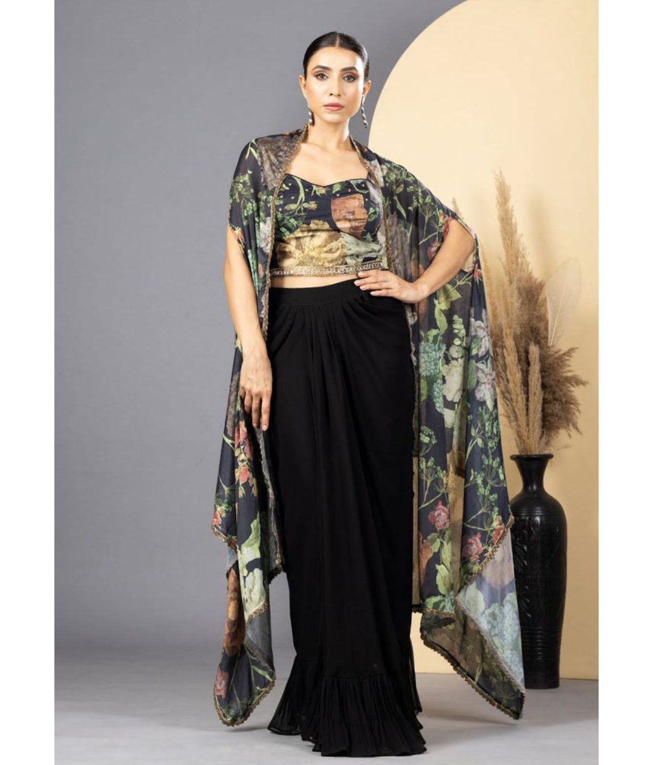 Black Floral Print Drape Skirt, Choli & Cape Set