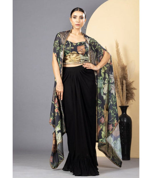 Black Floral Print Drape Skirt, Choli & Cape Set