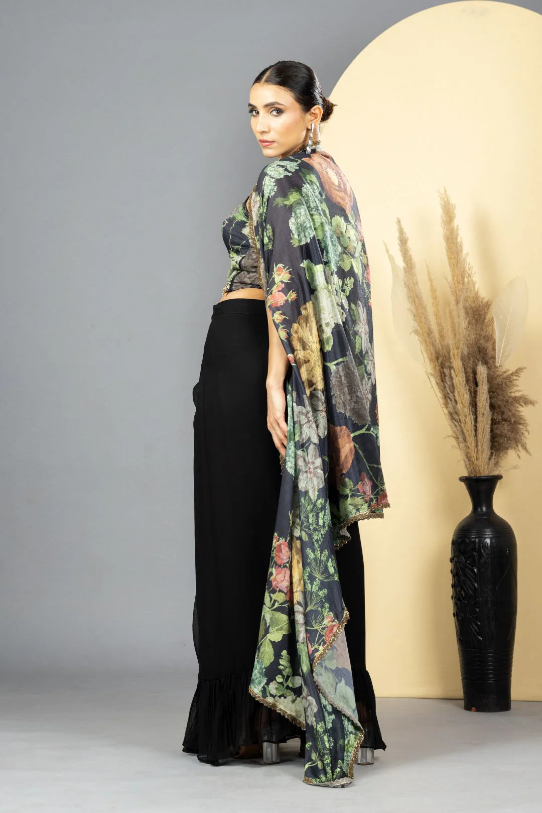 Black Floral Print Drape Skirt, Choli & Cape Set