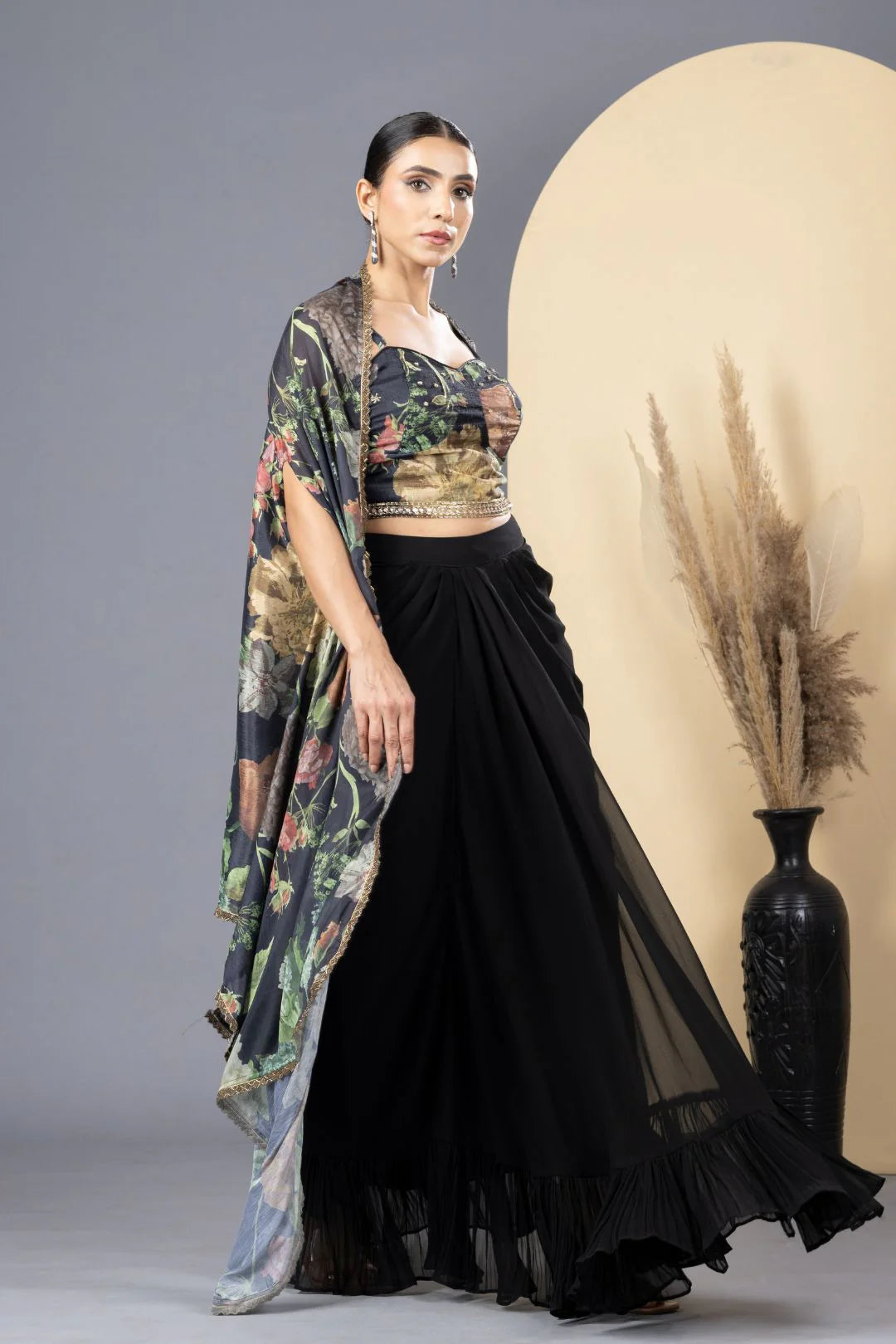 Black Floral Print Drape Skirt, Choli & Cape Set