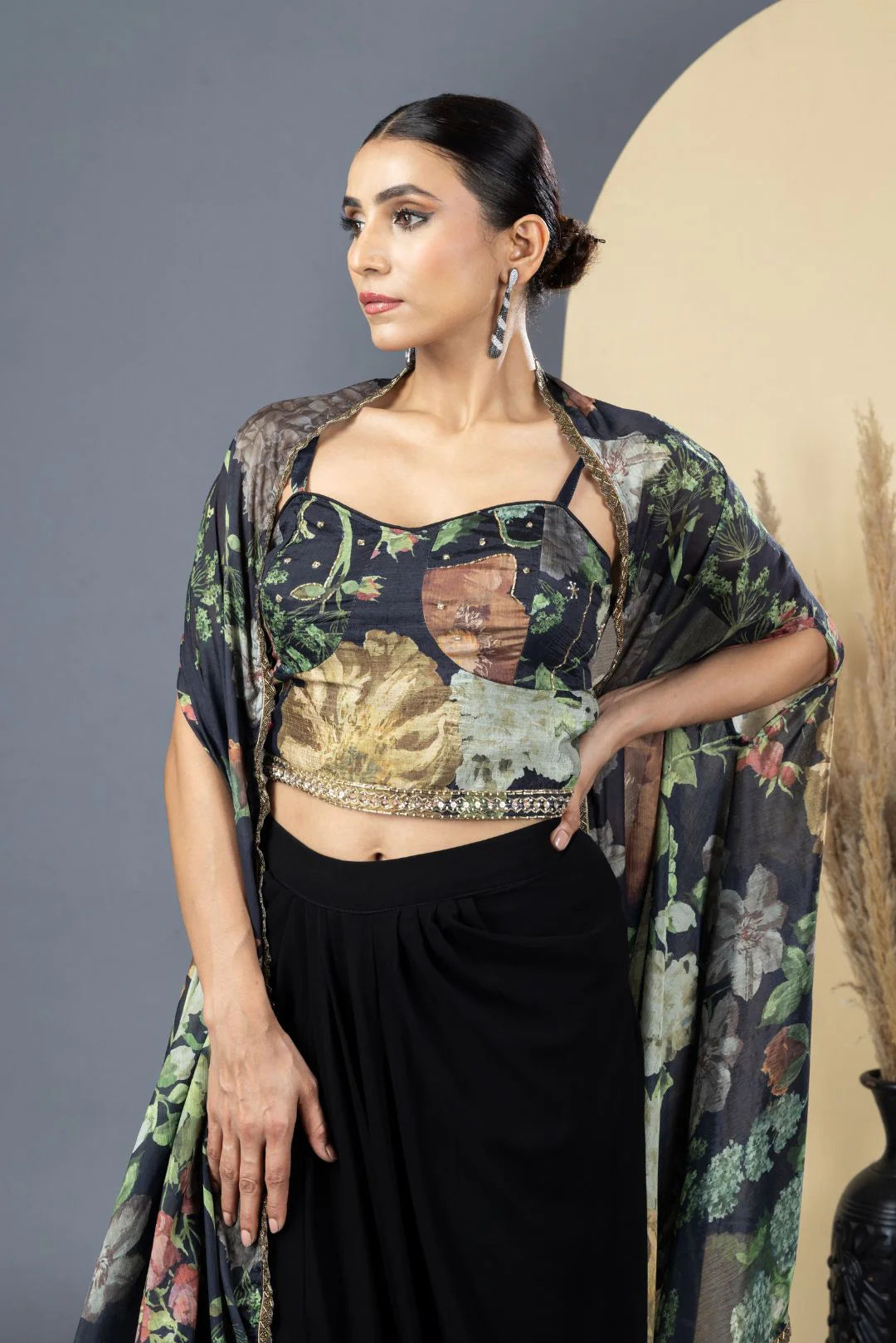 Black Floral Print Drape Skirt, Choli & Cape Set