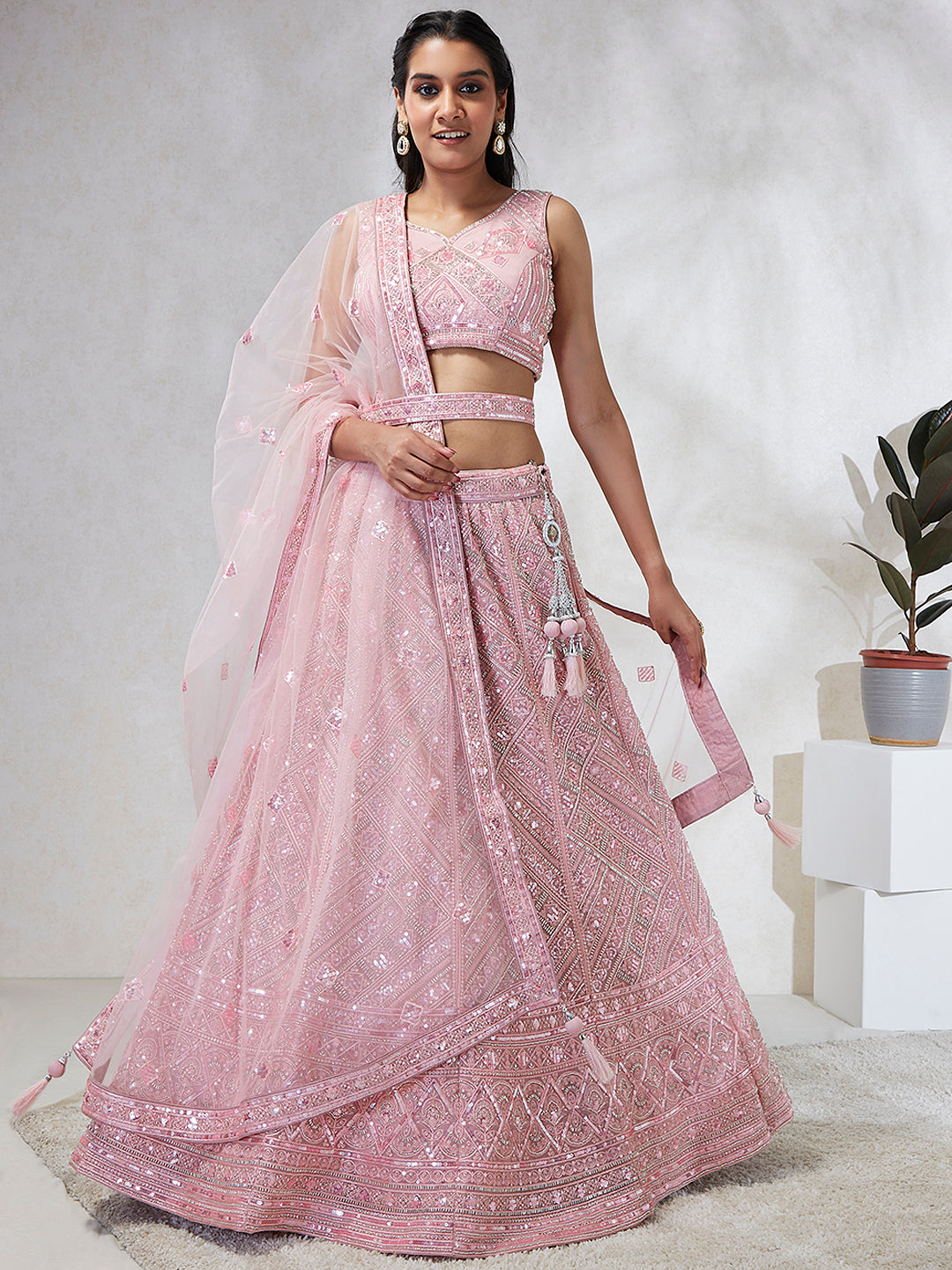 Pink Net Cutdana, Sequins and Zarkan embroidery Semi-Stitched Lehenga choli & Dupatta