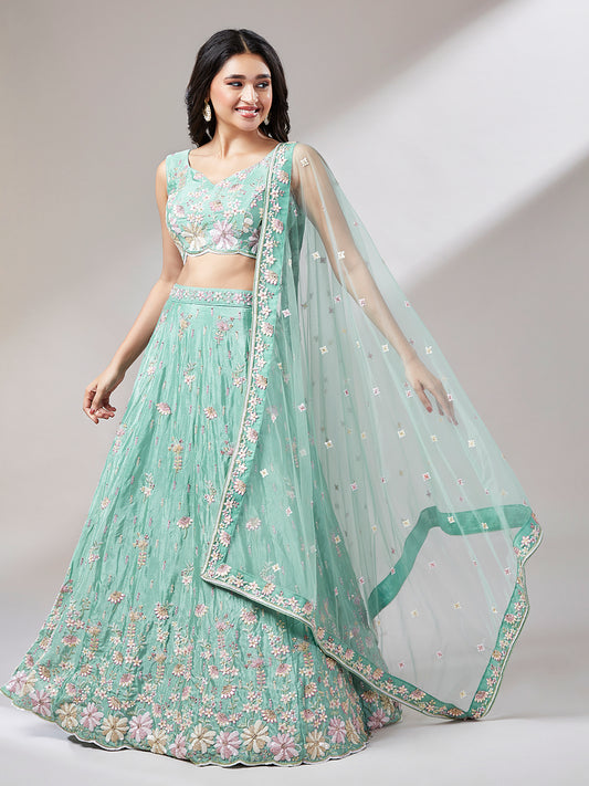 Sea Green Georgette heavy Sequinse embroidery Semi-Stitched Lehenga choli & Dupatta