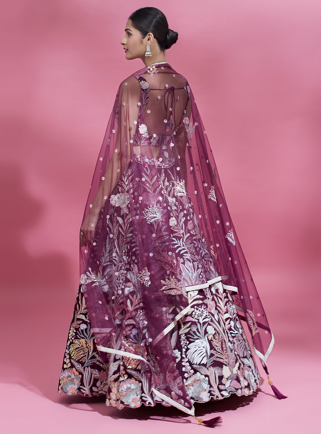 Burgundy Net Sequinse Work Semi-Stitched Lehenga & Unstitched Blouse with Dupatta