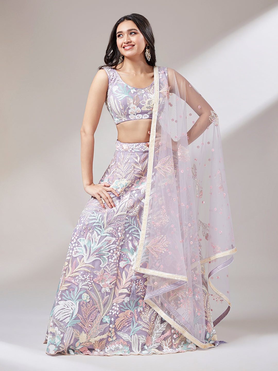 Muave Net Sequinse Work Semi-Stitched Lehenga & Unstitched Blouse with Dupatta