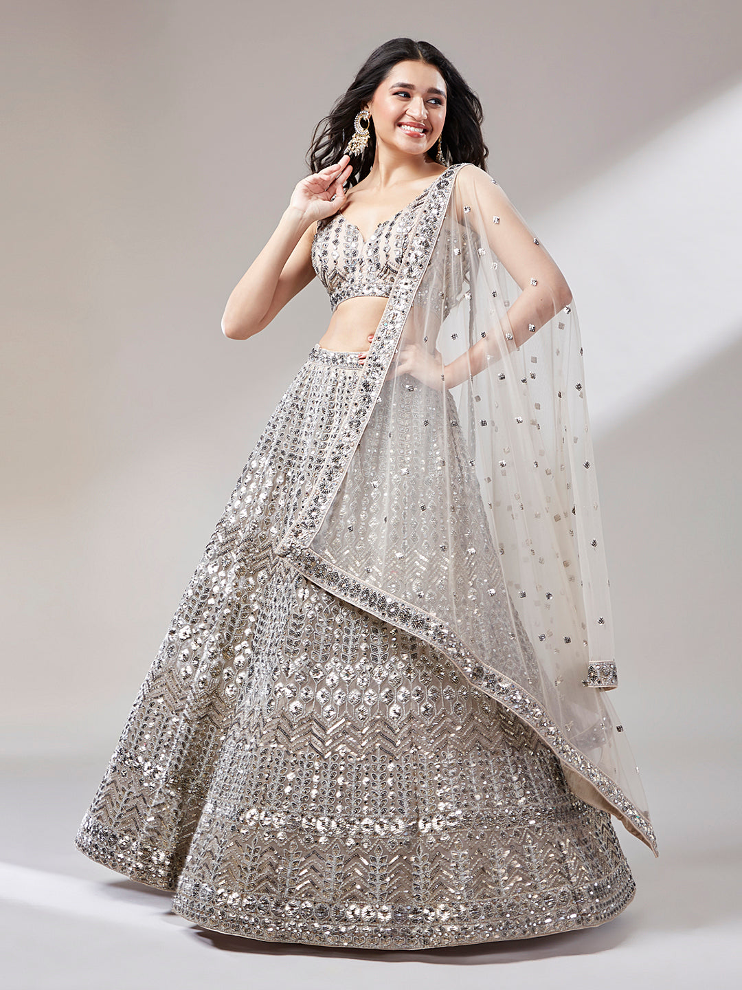 Beige - Net Mirror & Sequins Embroiderey  Lehenga choli