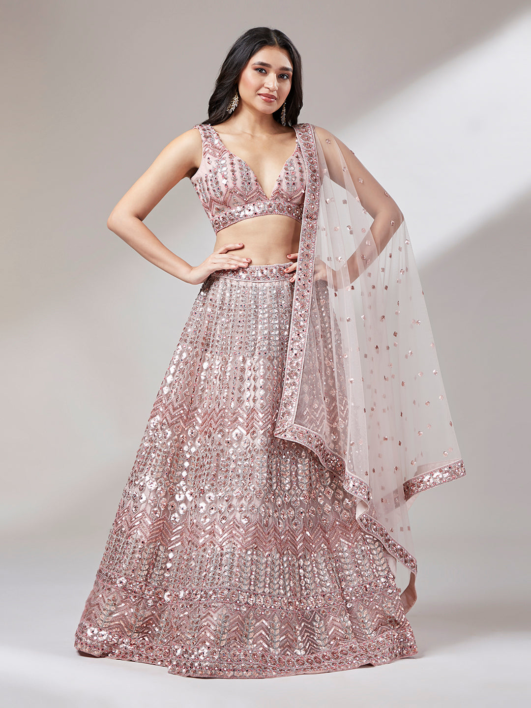 Rose Gold Net Mirror & Sequinse embroidery Semi-Stitched Lehenga choli & Dupatta