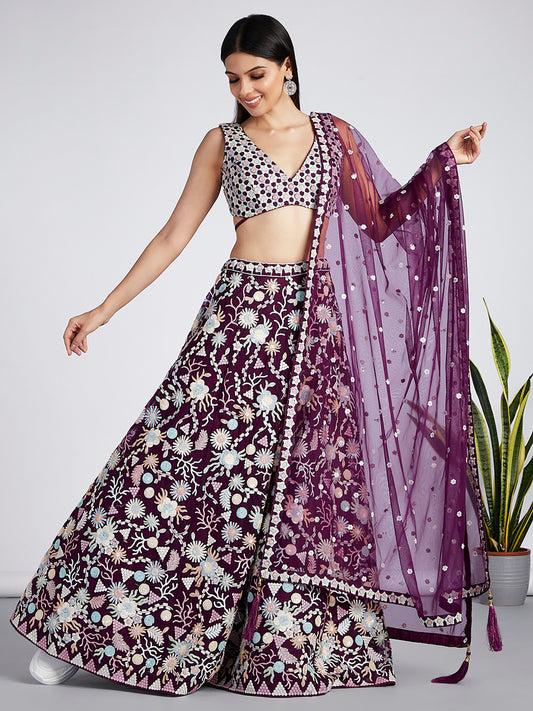 Burgundy Net heavy Sequinse embroidery SemiStitched Lehenga choli & Dupatta