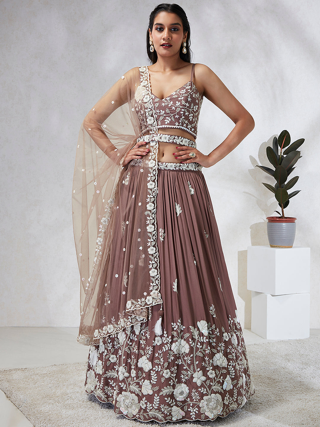 Rose gold Pure Georgette Sequins and thread embroidery Semi-Stitched Lehenga choli & Dupatta